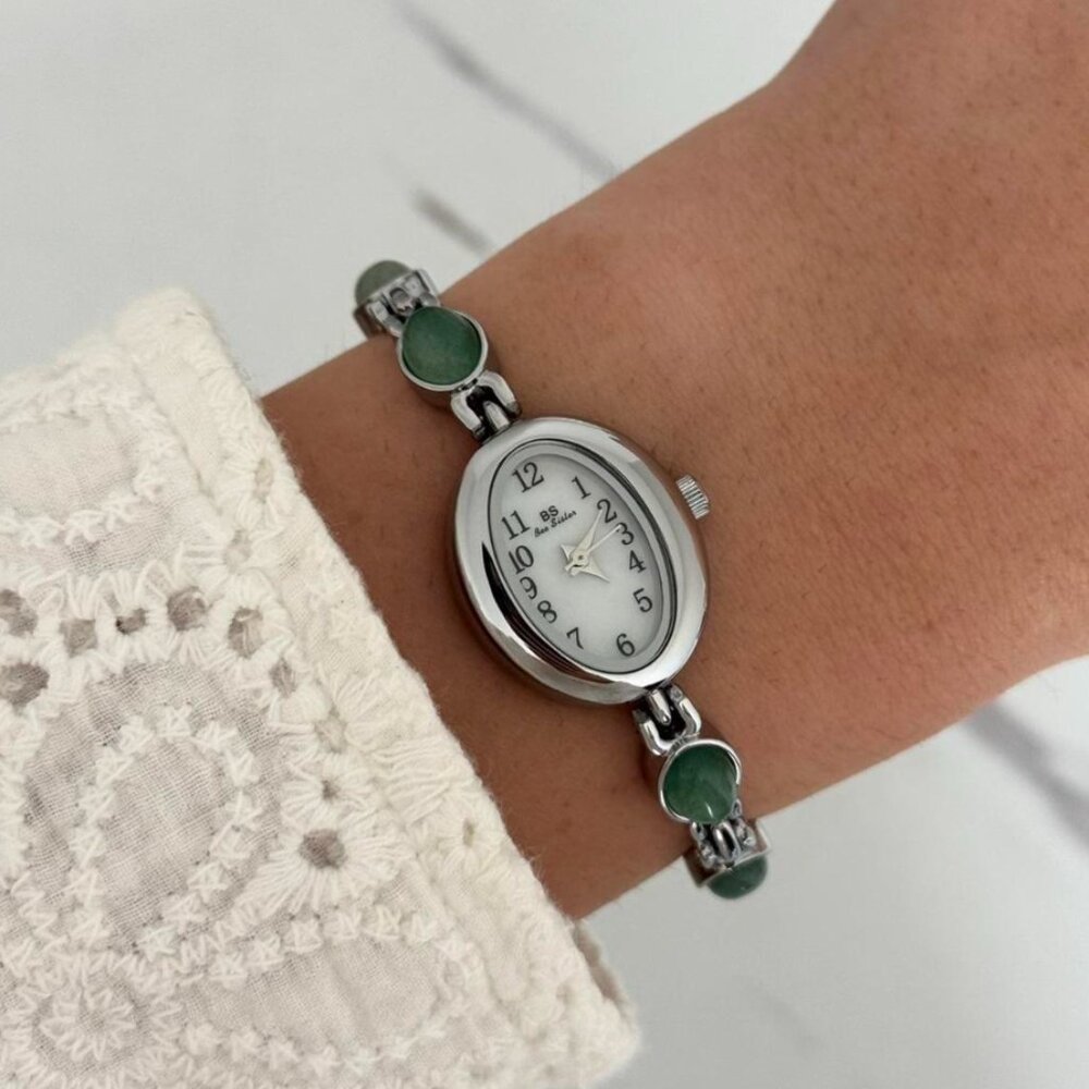 Sku0458 Retro Silver Green Gemstones Women Casual Oval Watch Bracelet + gift bag
